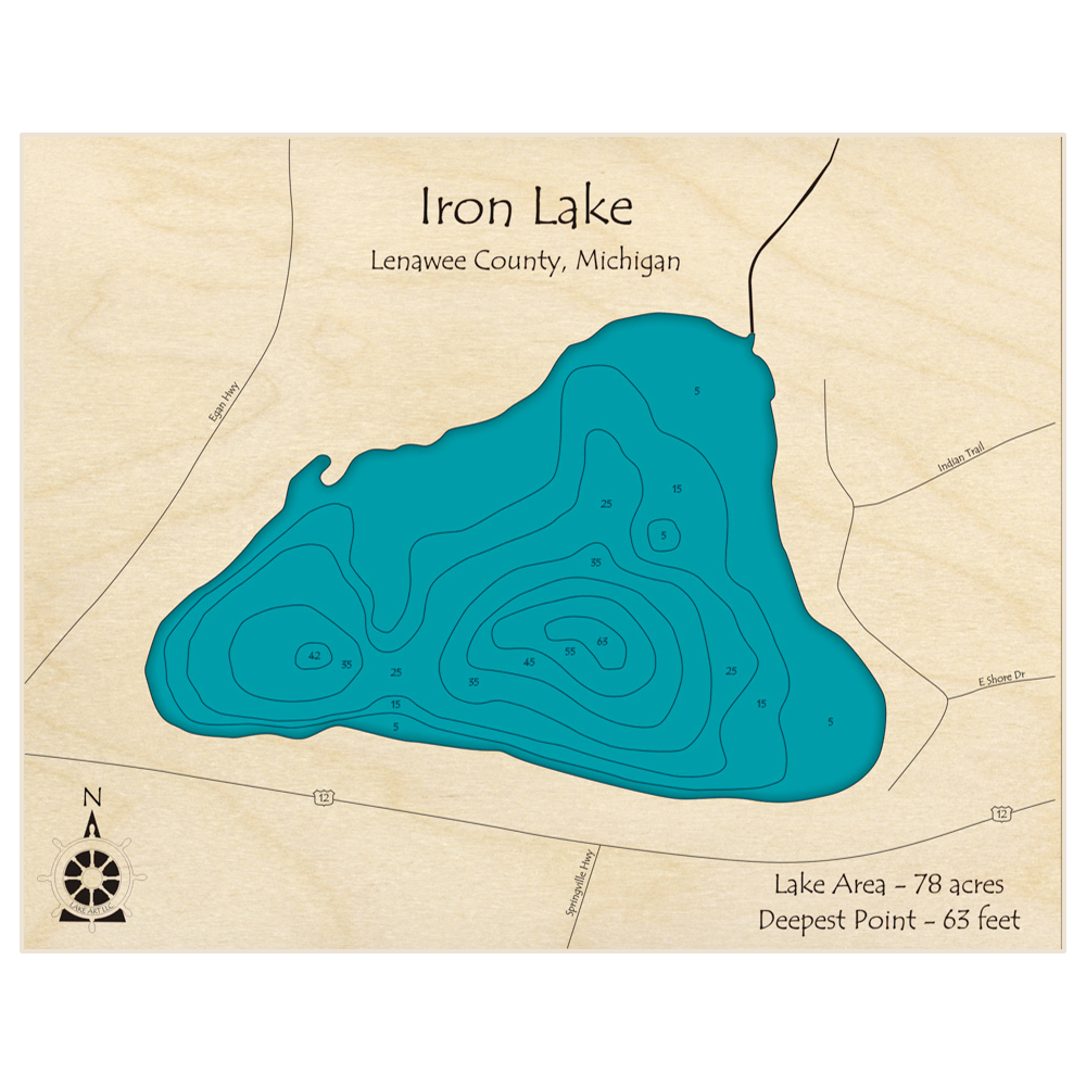 Bathymetric topo map of Iron Lake with roads, towns and depths noted in blue water