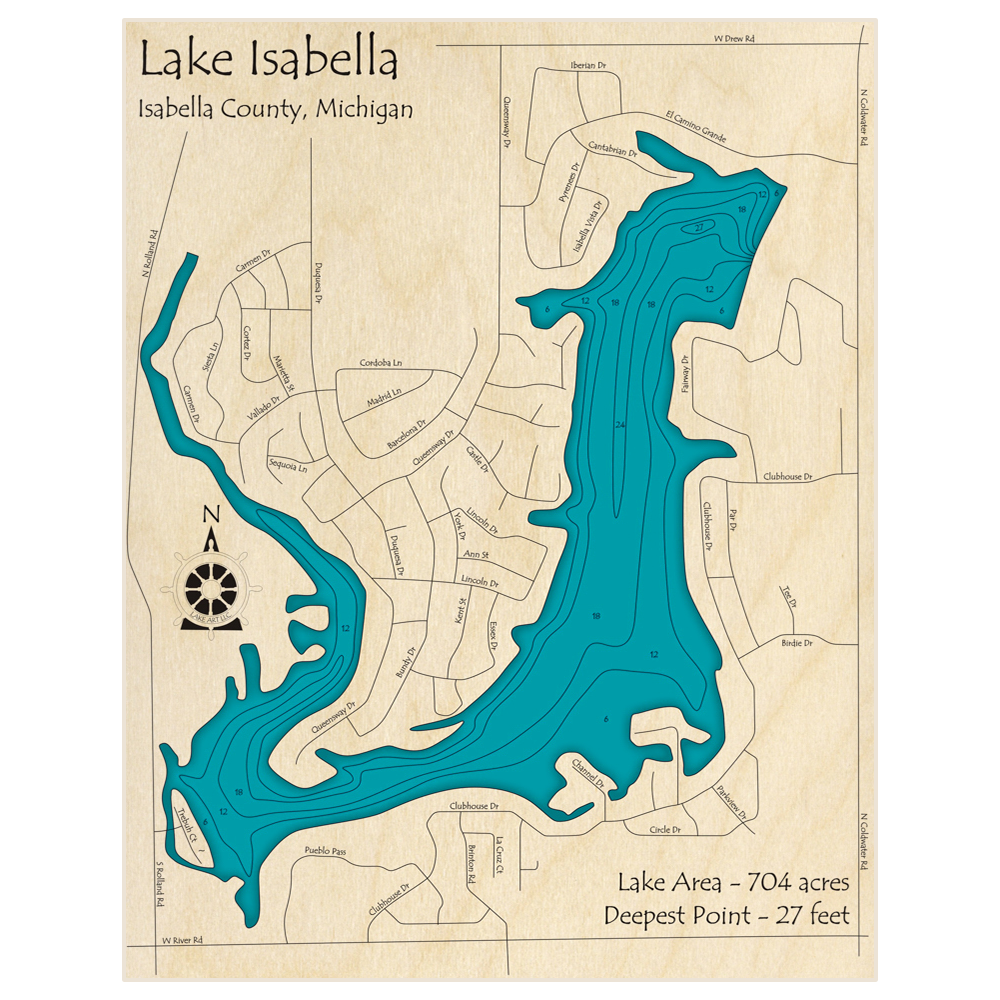 Bathymetric topo map of Lake Isabella with roads, towns and depths noted in blue water