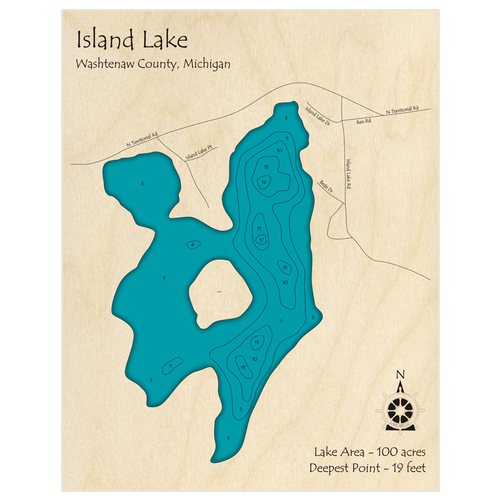 Bathymetric topo map of Island Lake with roads, towns and depths noted in blue water