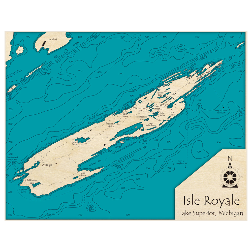 Bathymetric topo map of Isle Royale with roads, towns and depths noted in blue water