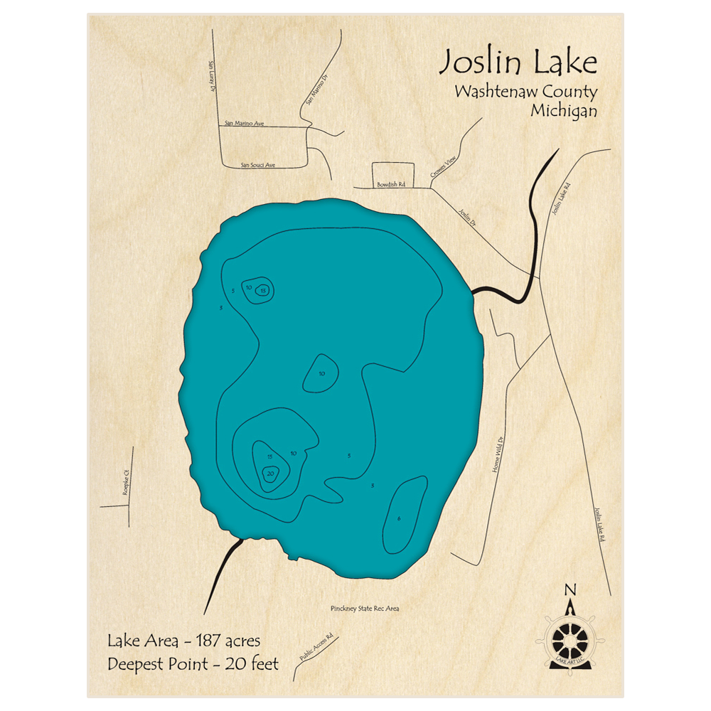 Bathymetric topo map of Joslin Lake with roads, towns and depths noted in blue water