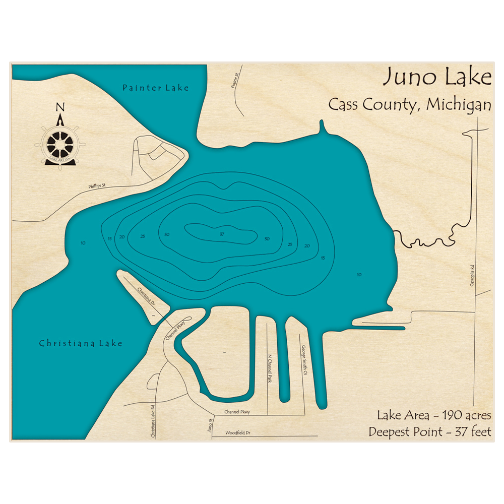 Bathymetric topo map of Juno Lake with roads, towns and depths noted in blue water