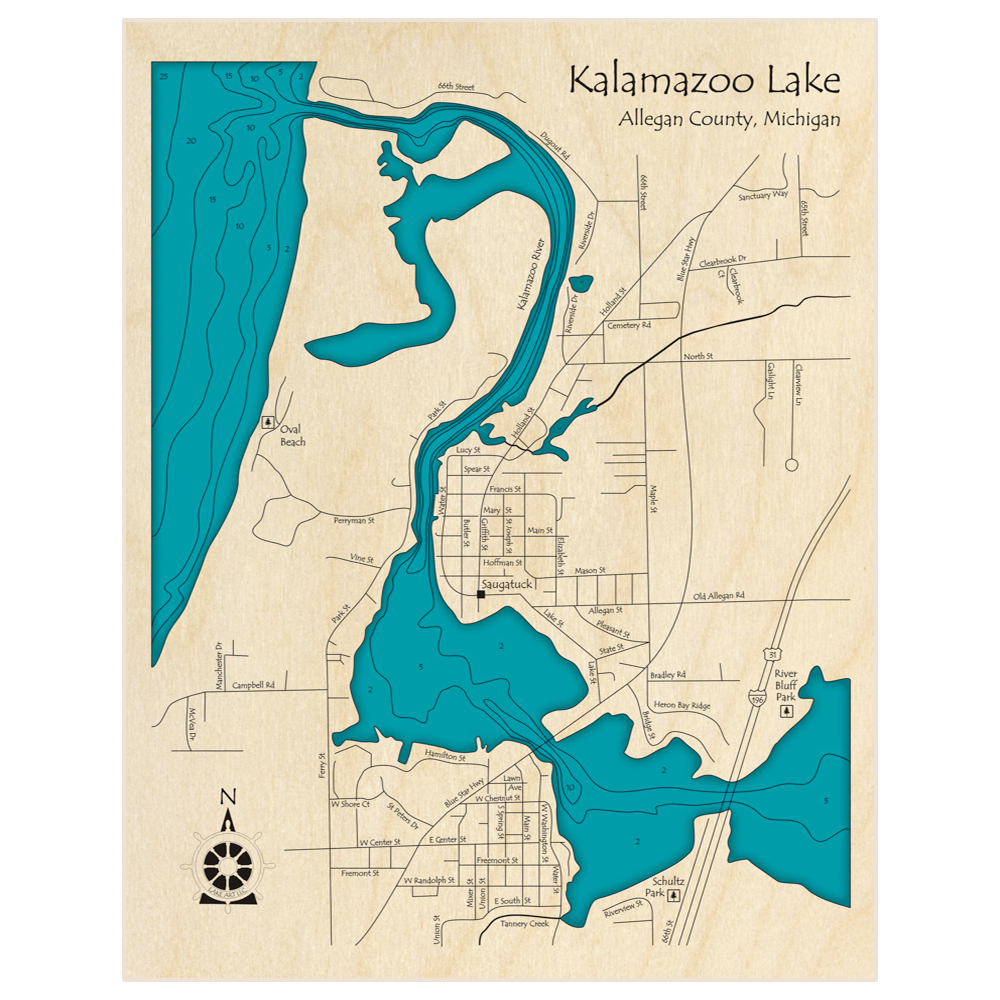 Bathymetric topo map of Kalamazoo Lake with roads, towns and depths noted in blue water