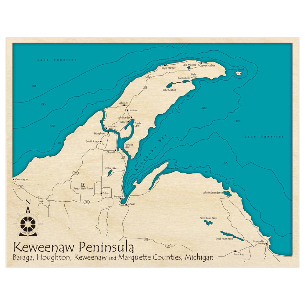 Bathymetric topo map of Keweenaw Peninsula with roads, towns and depths noted in blue water