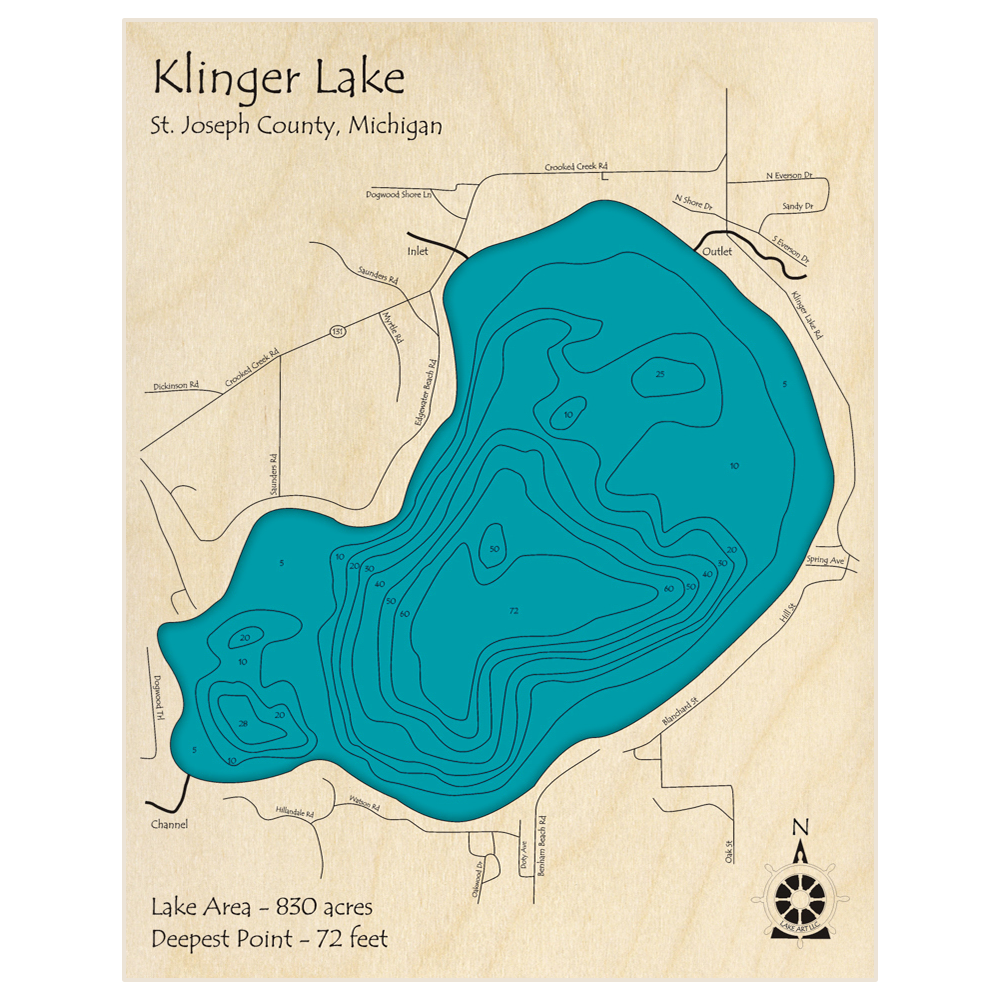 Bathymetric topo map of Klinger Lake with roads, towns and depths noted in blue water