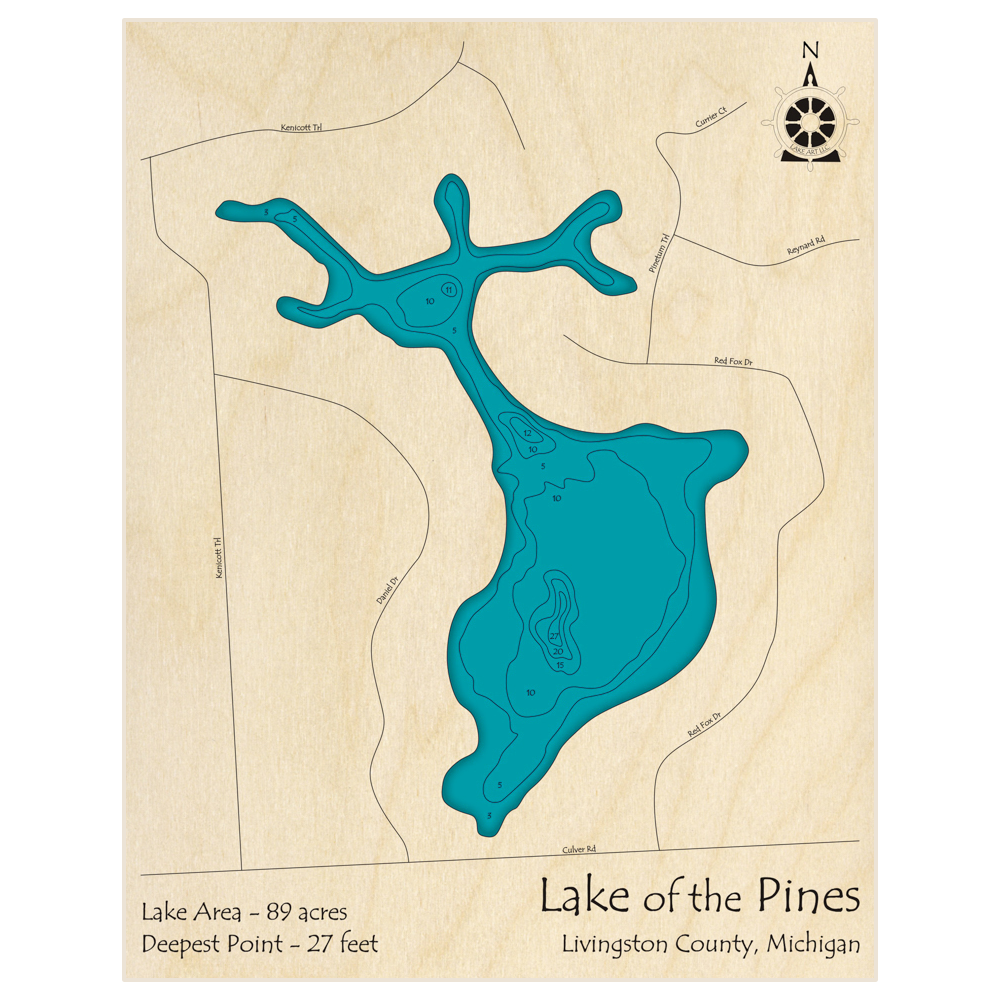 Bathymetric topo map of Lake of the Pines with roads, towns and depths noted in blue water