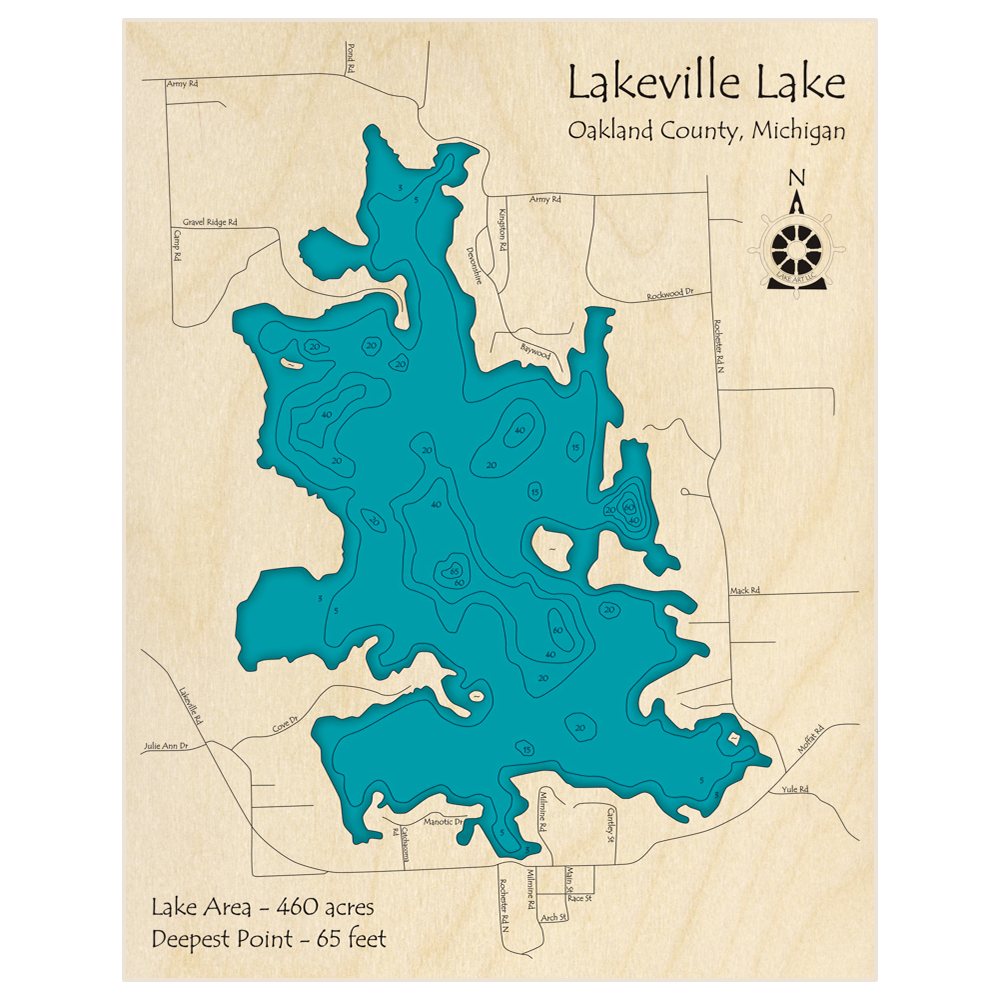 Bathymetric topo map of Lakeville Lake with roads, towns and depths noted in blue water