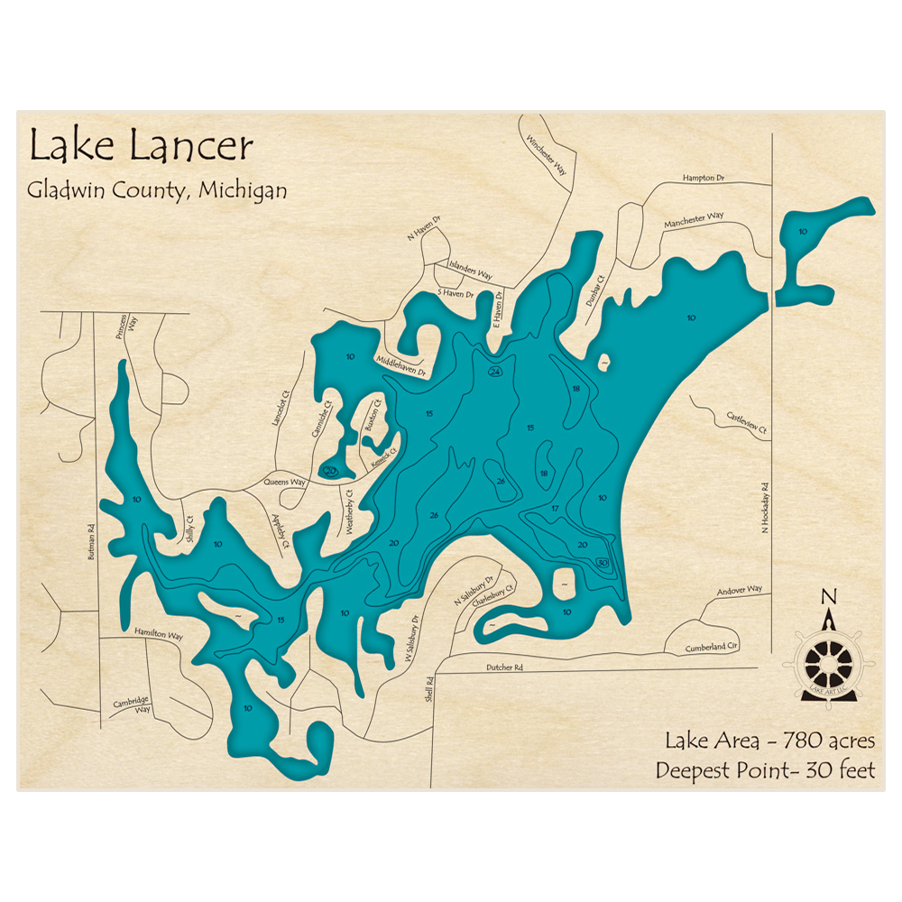 Bathymetric topo map of Lake Lancer (Without Lake Lancelot) with roads, towns and depths noted in blue water