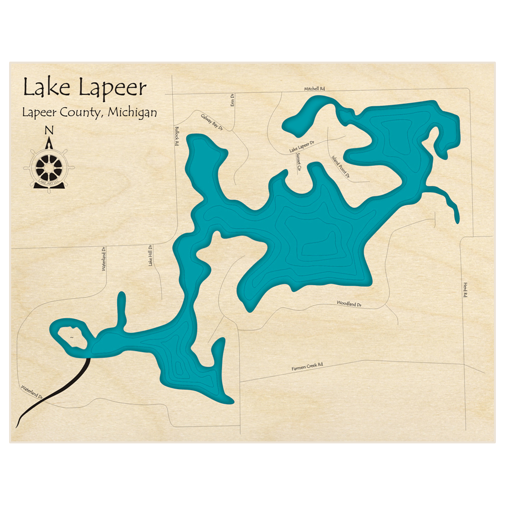 Bathymetric topo map of Lake Lapeer  with roads, towns and depths noted in blue water