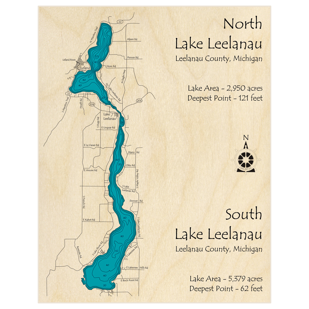 Bathymetric topo map of Lake Leelanau (North and South Lake Leelanau) with roads, towns and depths noted in blue water