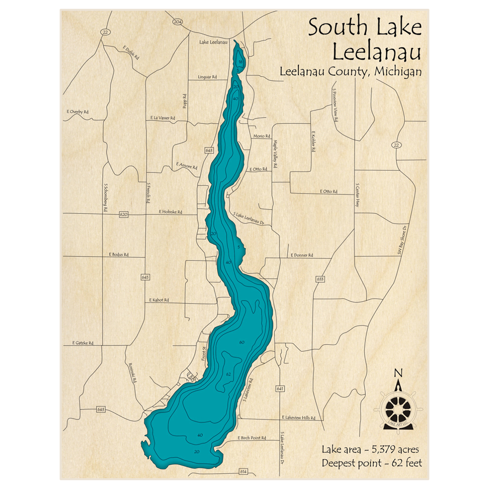 Bathymetric topo map of Lake Leelanau (South section only) with roads, towns and depths noted in blue water