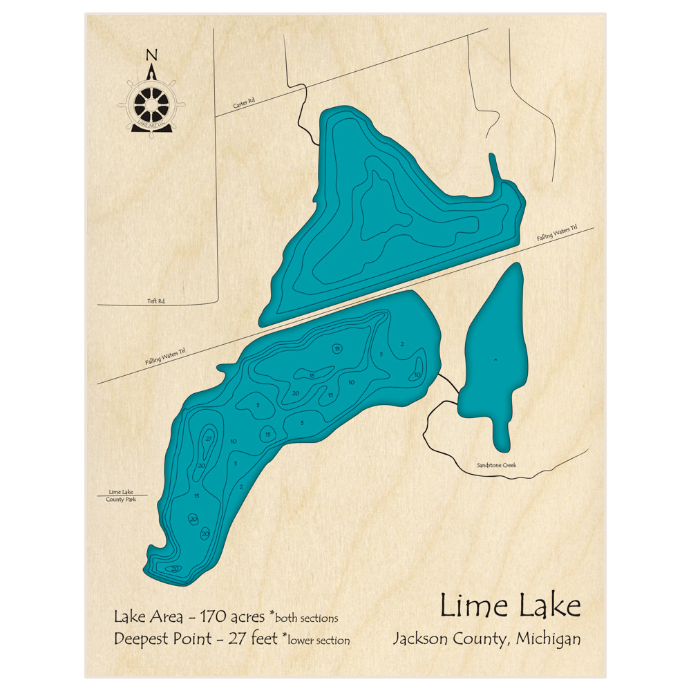 Bathymetric topo map of Lime Lake with roads, towns and depths noted in blue water