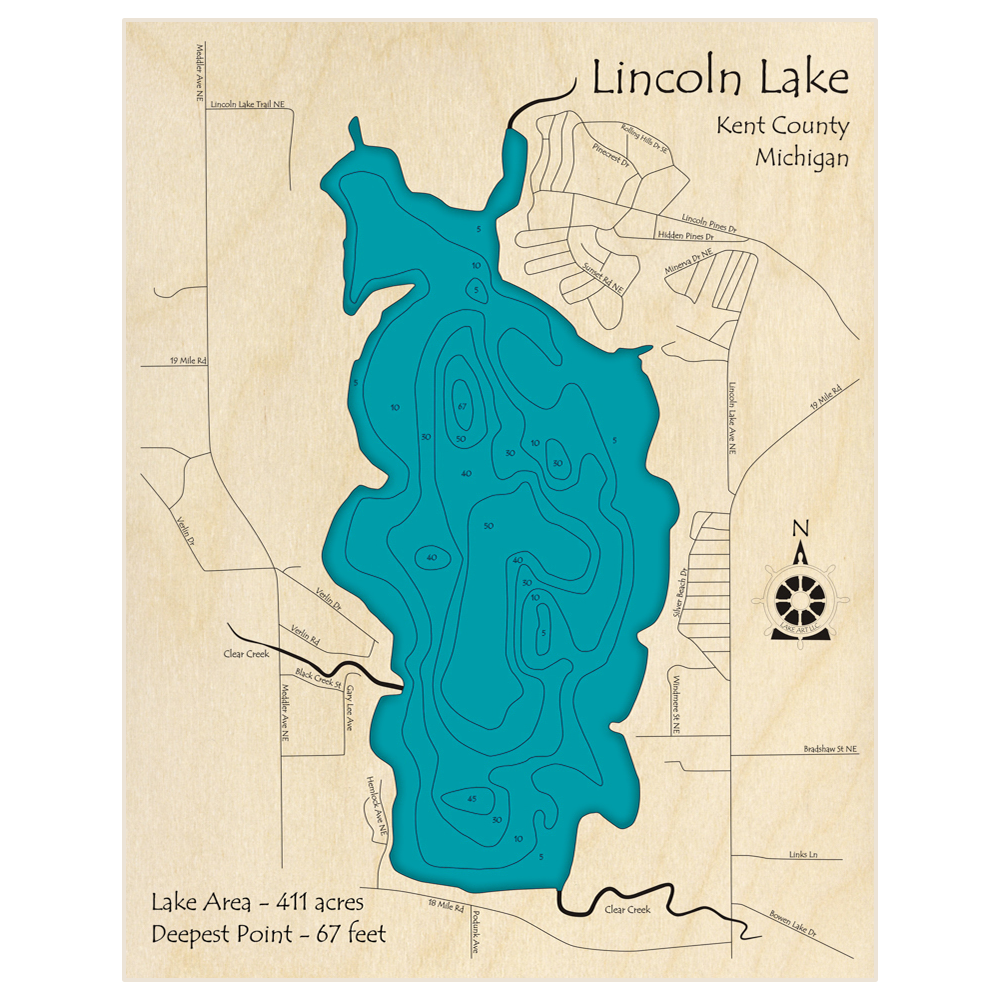 Bathymetric topo map of Lincoln Lake with roads, towns and depths noted in blue water