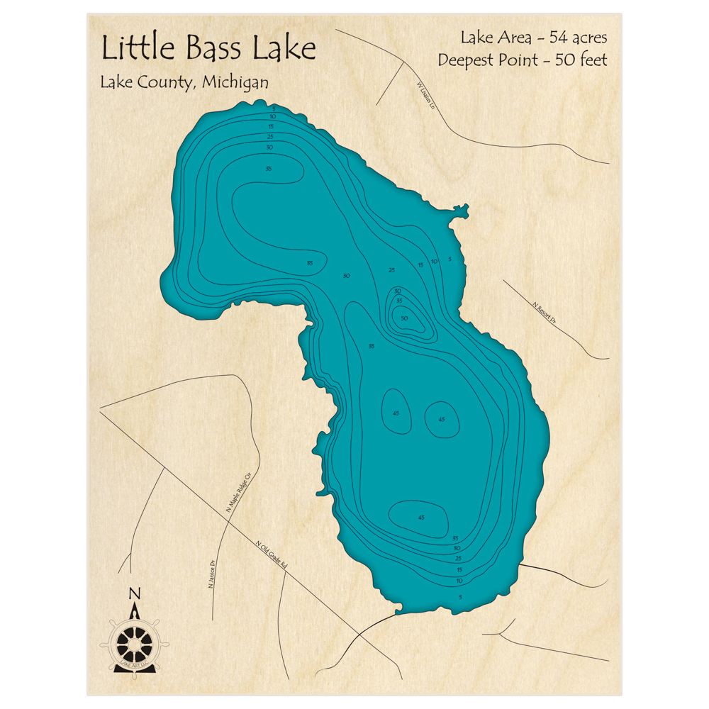 Bathymetric topo map of Little Bass Lake with roads, towns and depths noted in blue water