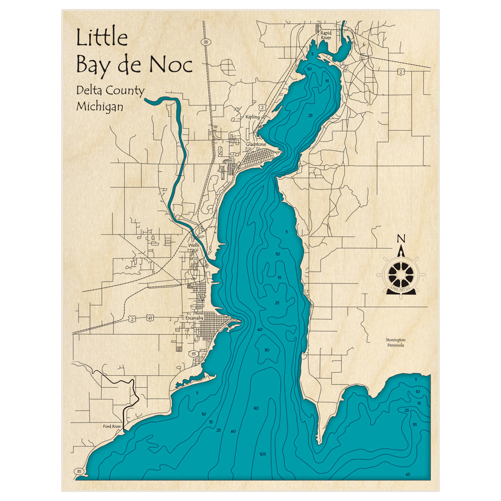 Little Bay De Noc 3D Custom Wood Map – Lake Art LLC