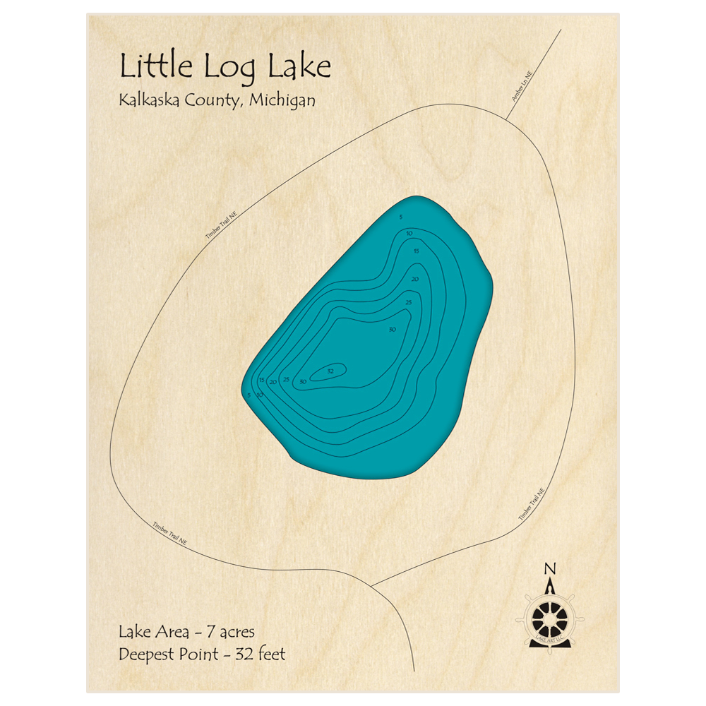 Bathymetric topo map of Little Log Lake with roads, towns and depths noted in blue water