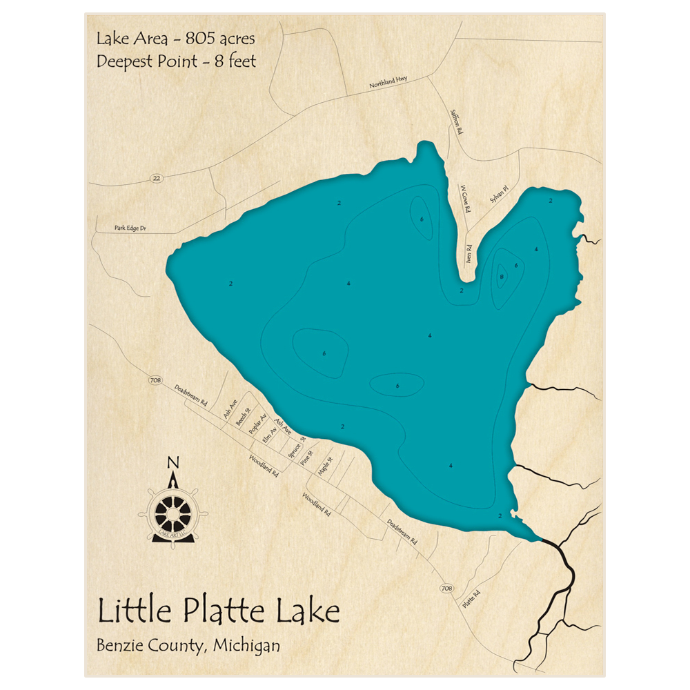 Bathymetric topo map of Little Platte Lake with roads, towns and depths noted in blue water