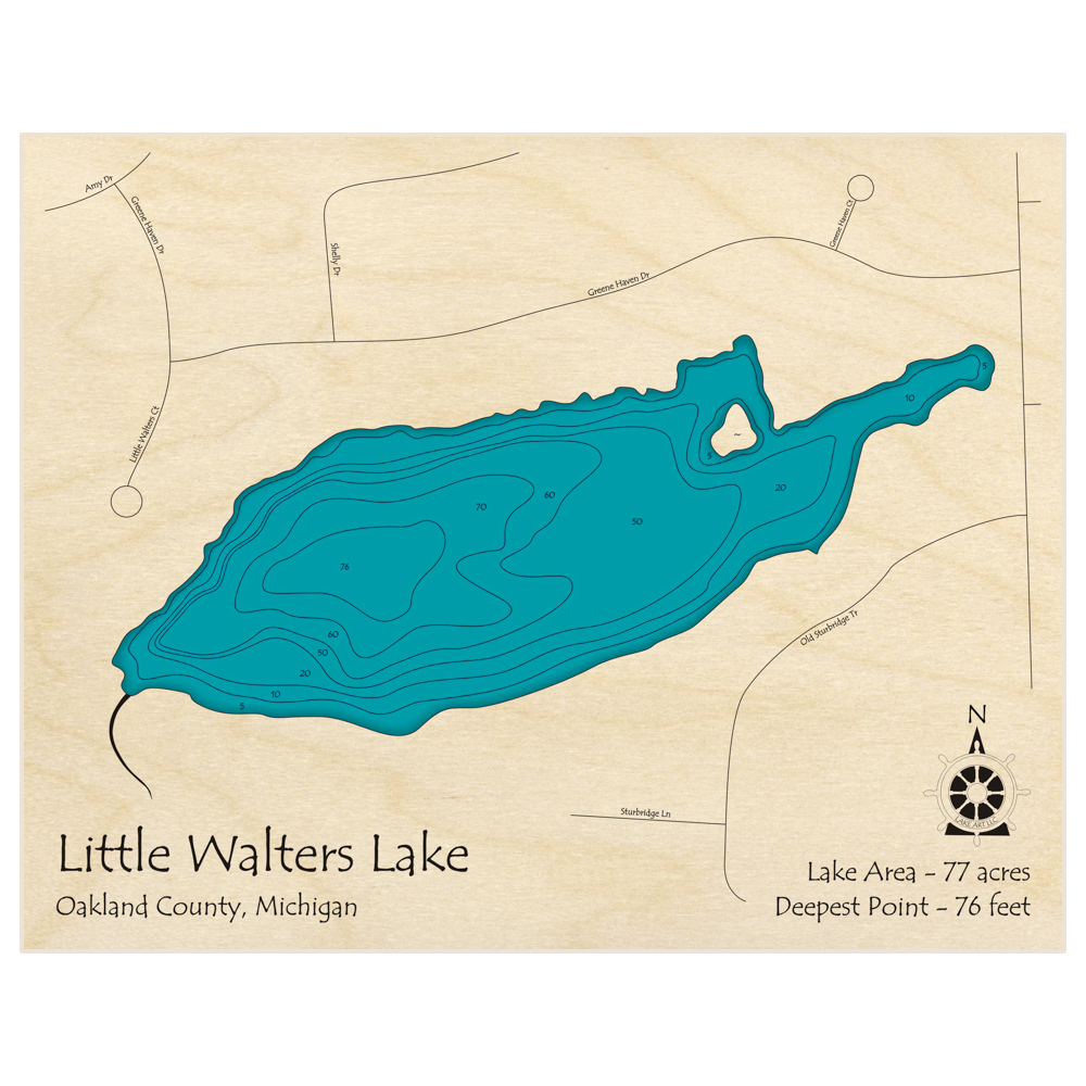 Bathymetric topo map of Little Walters Lake with roads, towns and depths noted in blue water