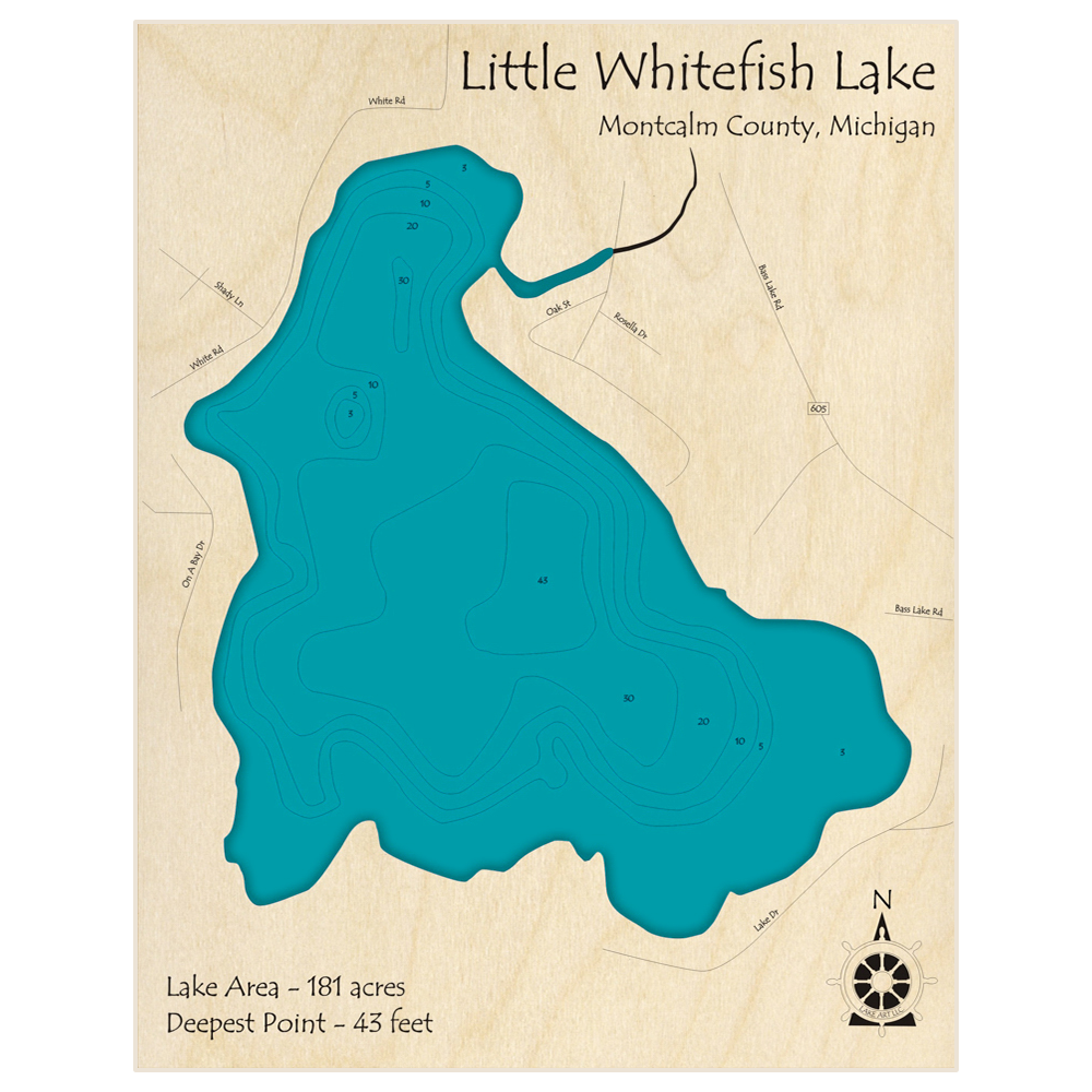 Bathymetric topo map of Little Whitefish Lake with roads, towns and depths noted in blue water