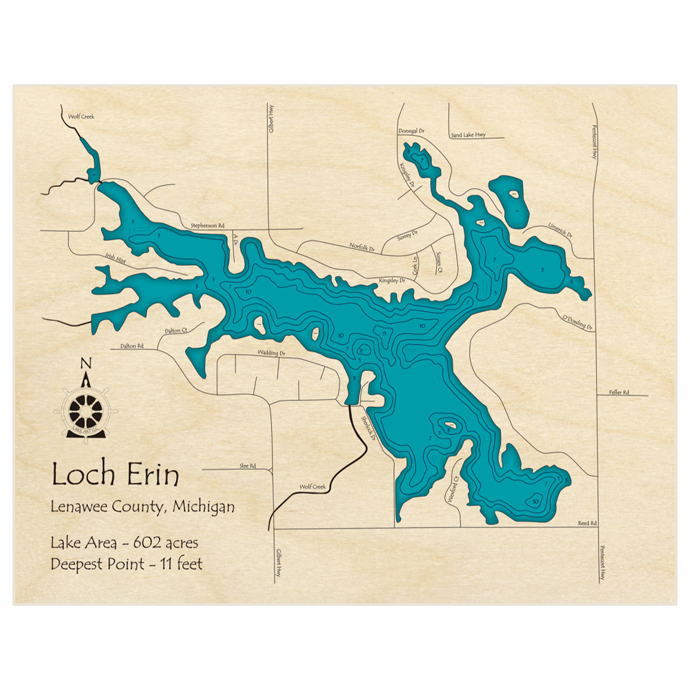 Bathymetric topo map of Loch Erin with roads, towns and depths noted in blue water