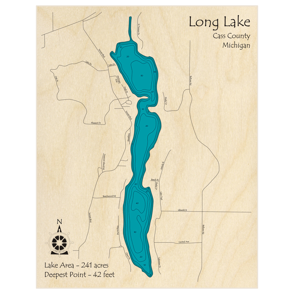 Bathymetric topo map of Long Lake with roads, towns and depths noted in blue water