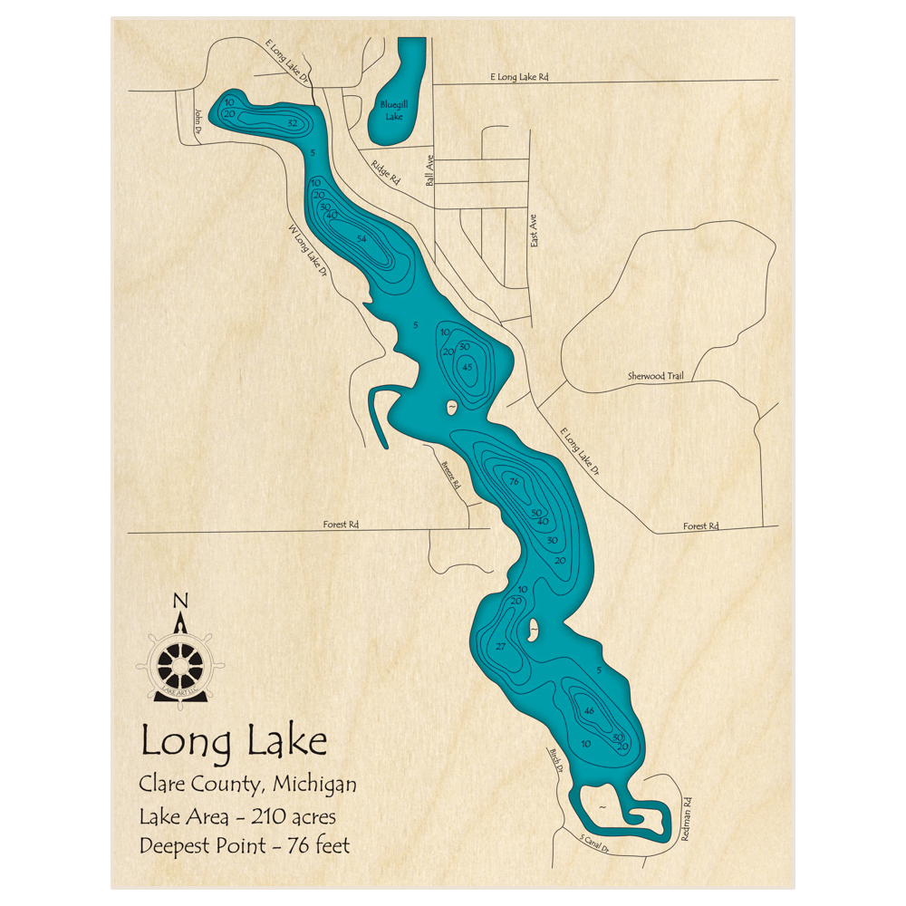 Bathymetric topo map of Long Lake with roads, towns and depths noted in blue water