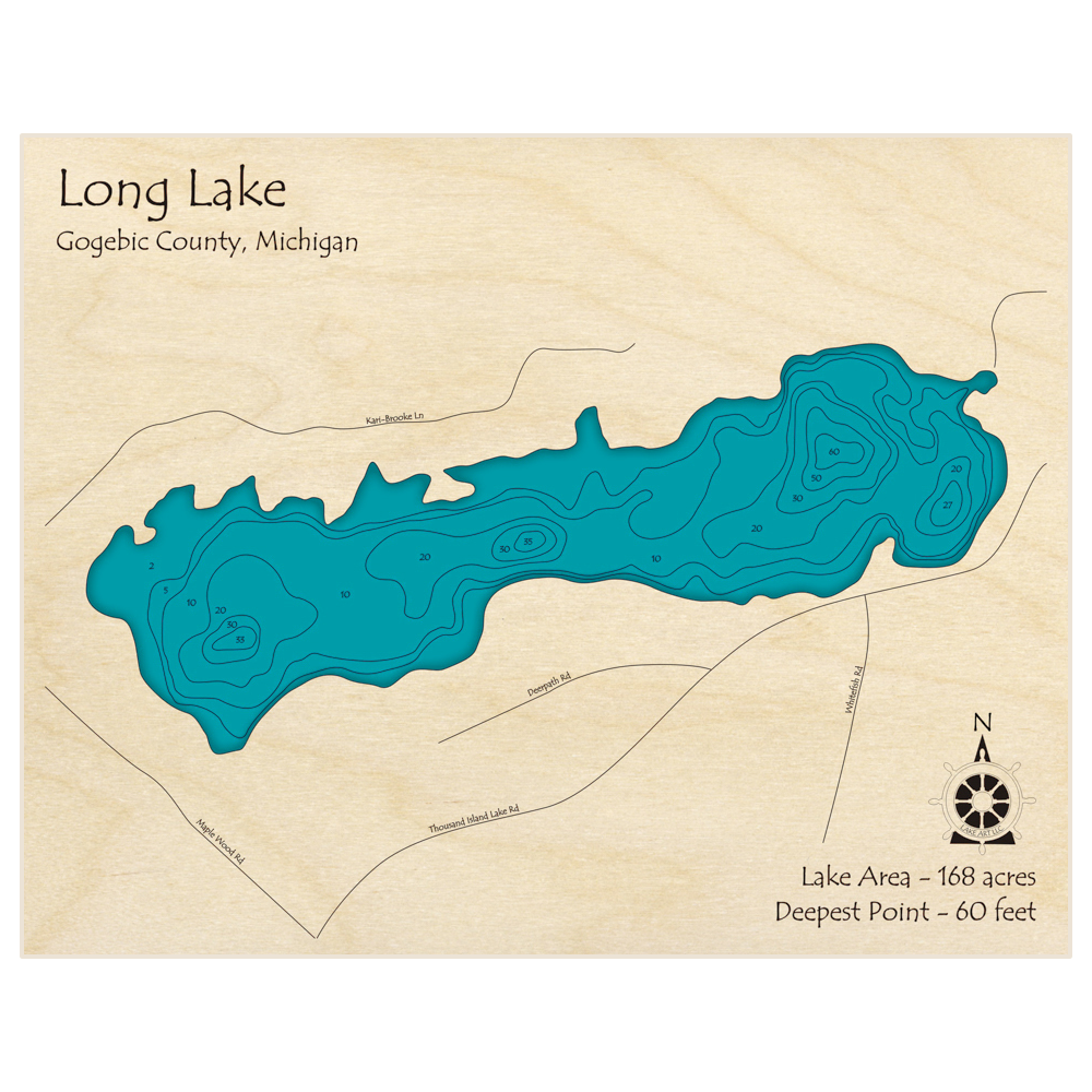 Bathymetric topo map of Long Lake with roads, towns and depths noted in blue water