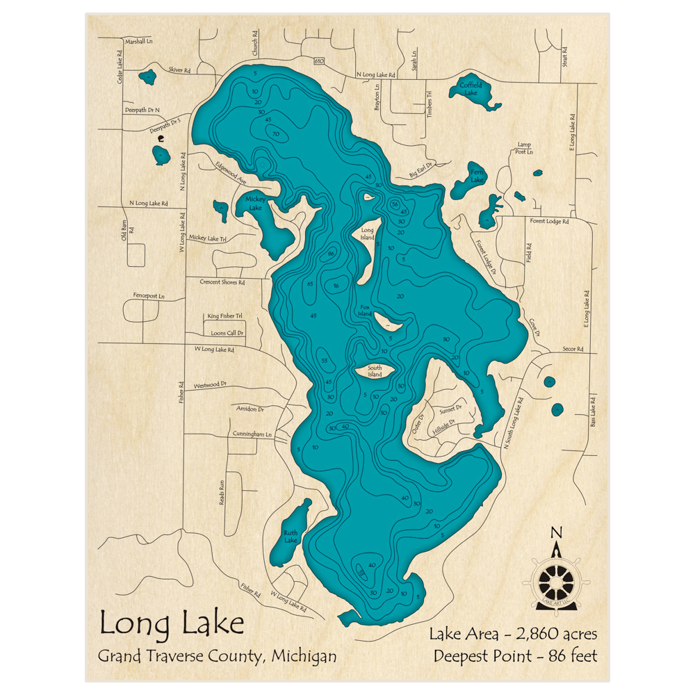 Bathymetric topo map of Long Lake with roads, towns and depths noted in blue water