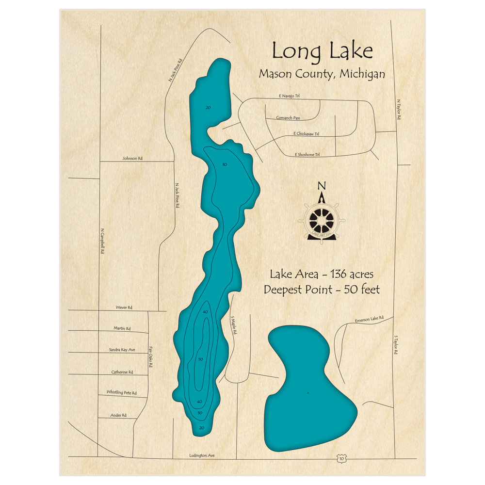 Bathymetric topo map of Long Lake with roads, towns and depths noted in blue water