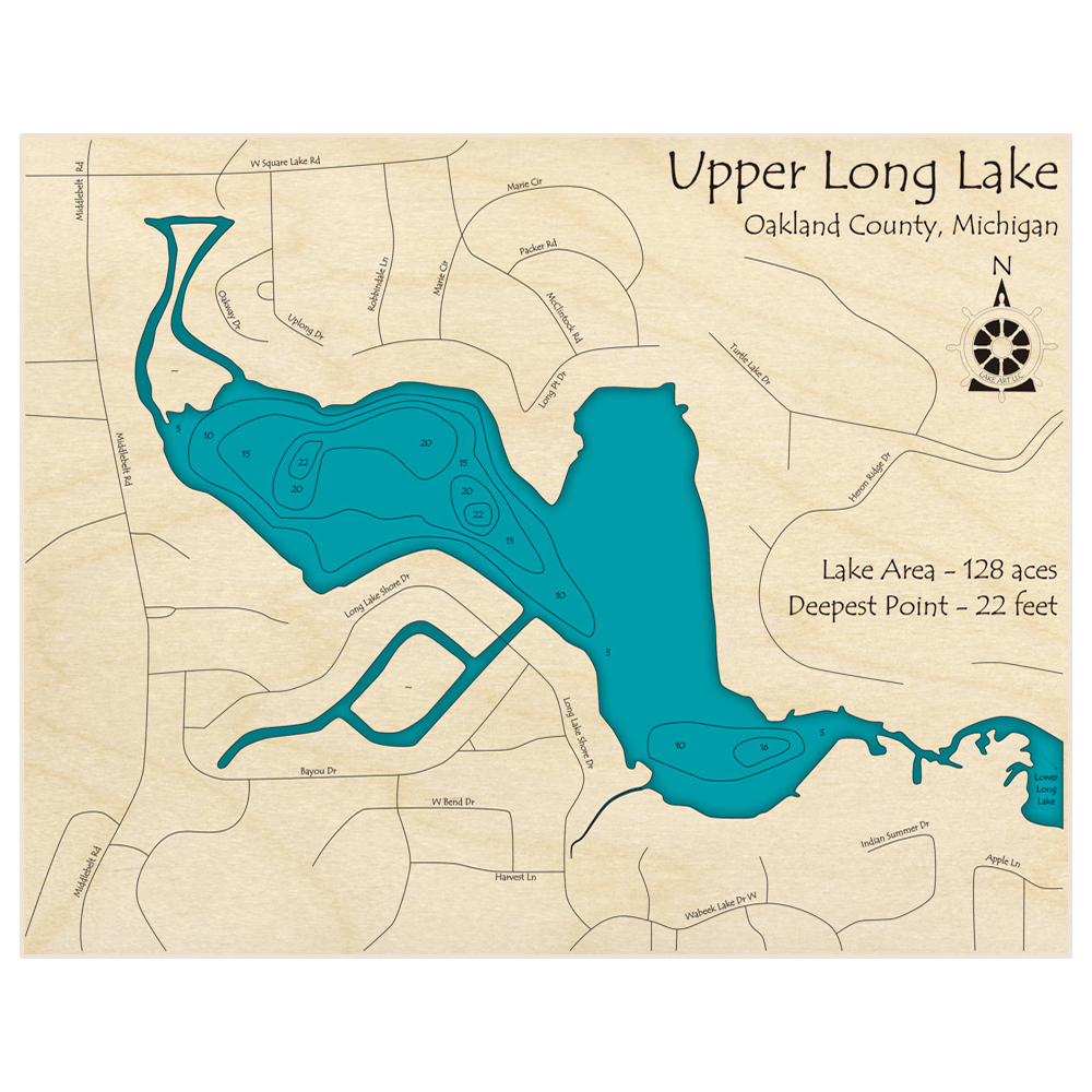 Bathymetric topo map of Upper Long Lake with roads, towns and depths noted in blue water