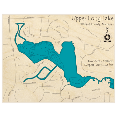 Bathymetric topo map of Upper Long Lake with roads, towns and depths noted in blue water