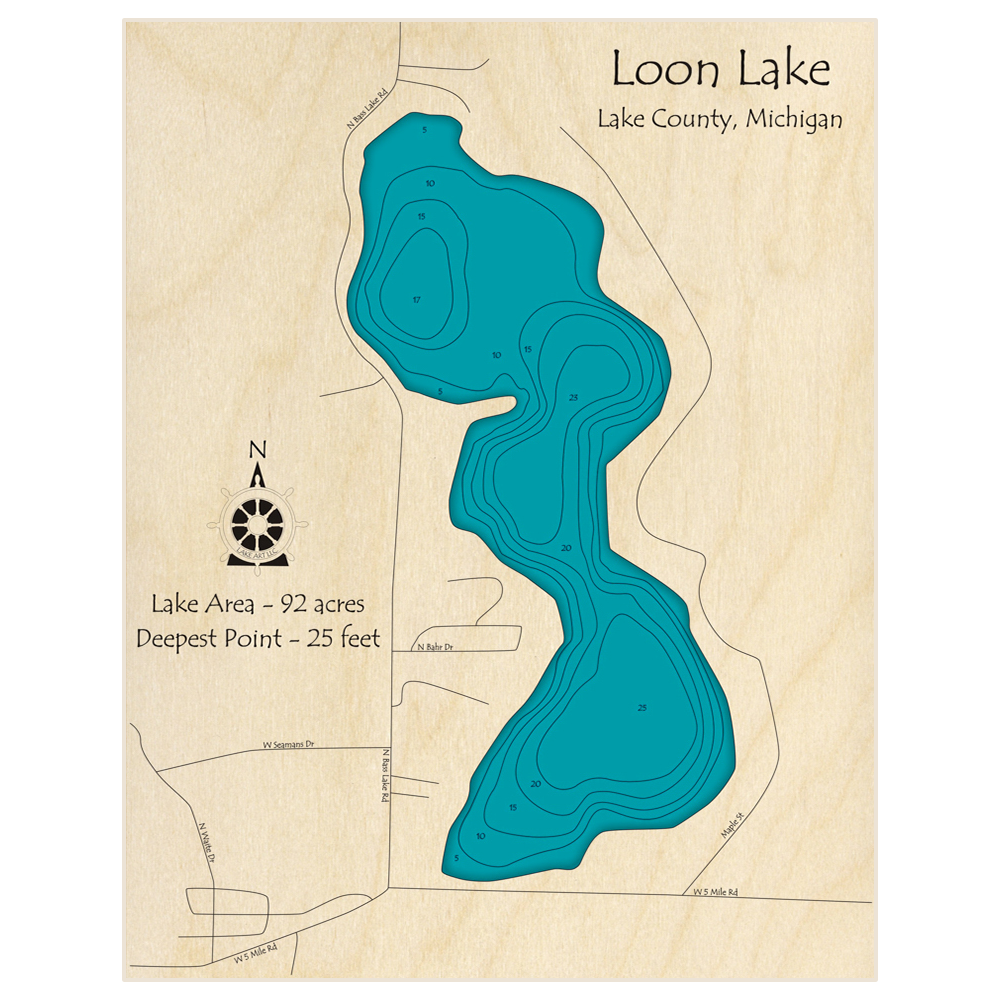 Bathymetric topo map of Loon Lake with roads, towns and depths noted in blue water