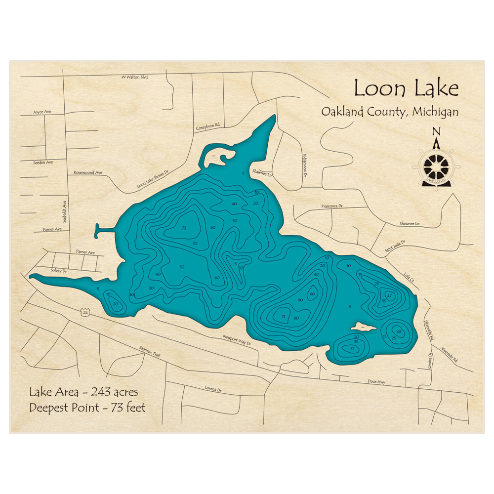 Bathymetric topo map of Loon Lake with roads, towns and depths noted in blue water