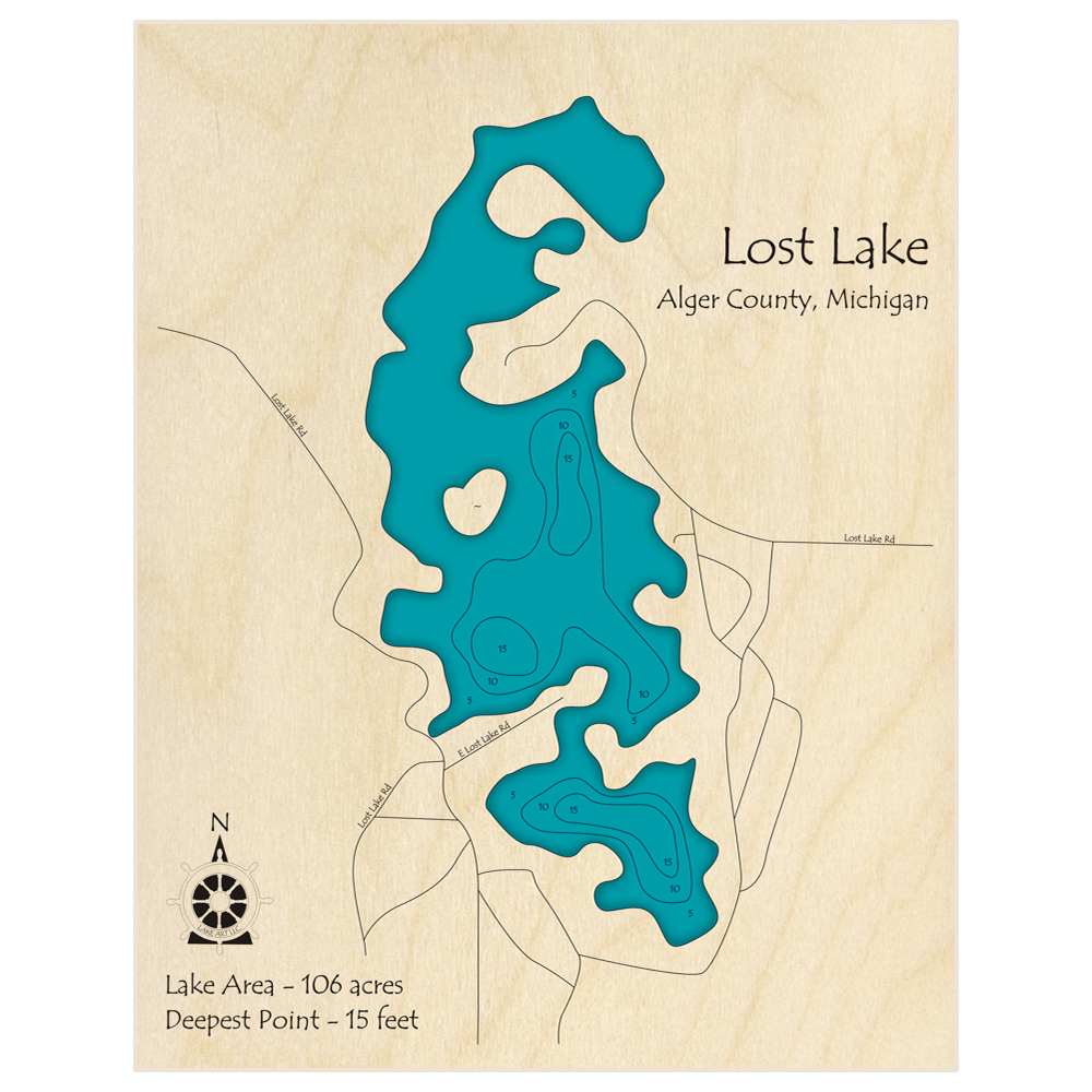 Bathymetric topo map of Lost Lake with roads, towns and depths noted in blue water