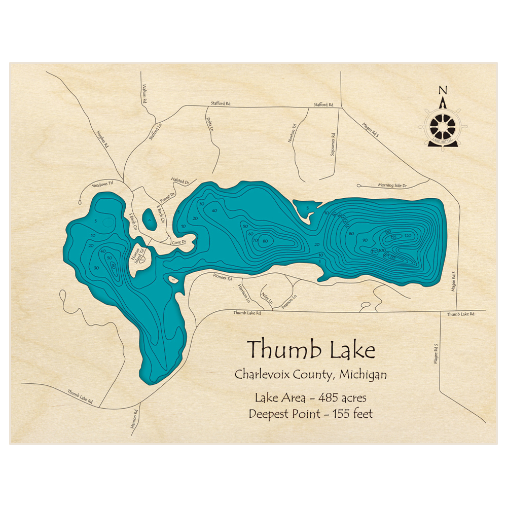 Bathymetric topo map of Lake Louise - Thumb Lake with roads, towns and depths noted in blue water