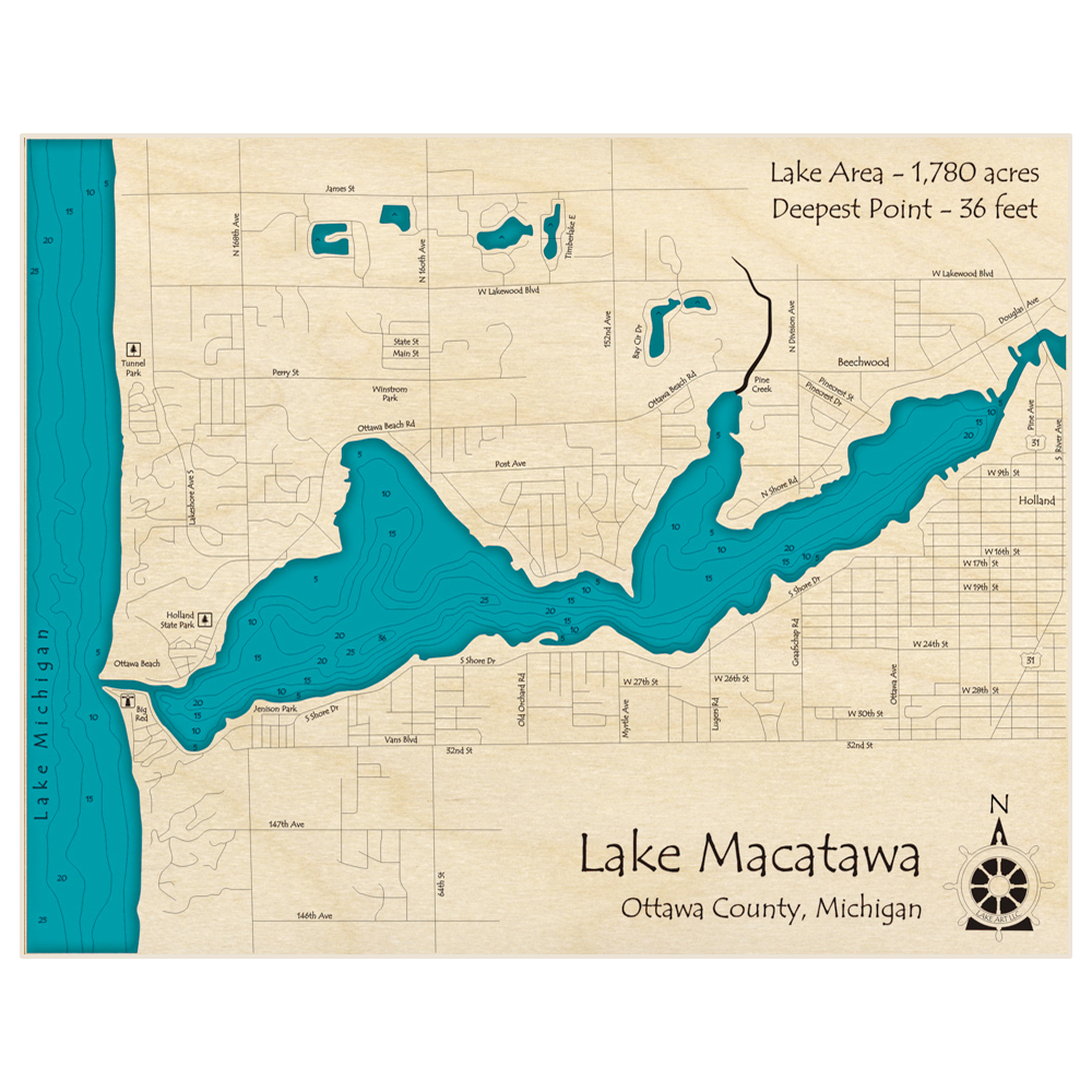 Bathymetric topo map of Lake Macatawa with roads, towns and depths noted in blue water