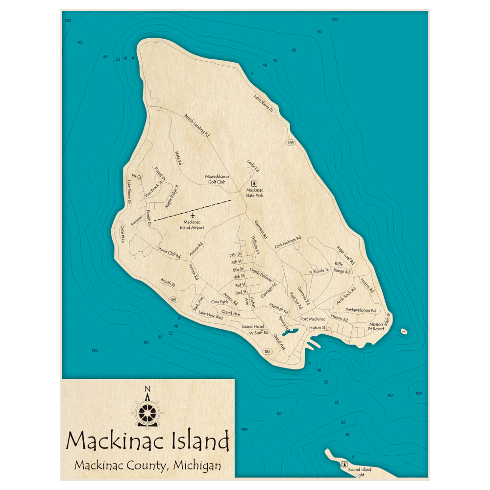 Bathymetric topo map of Mackinac Island with roads, towns and depths noted in blue water