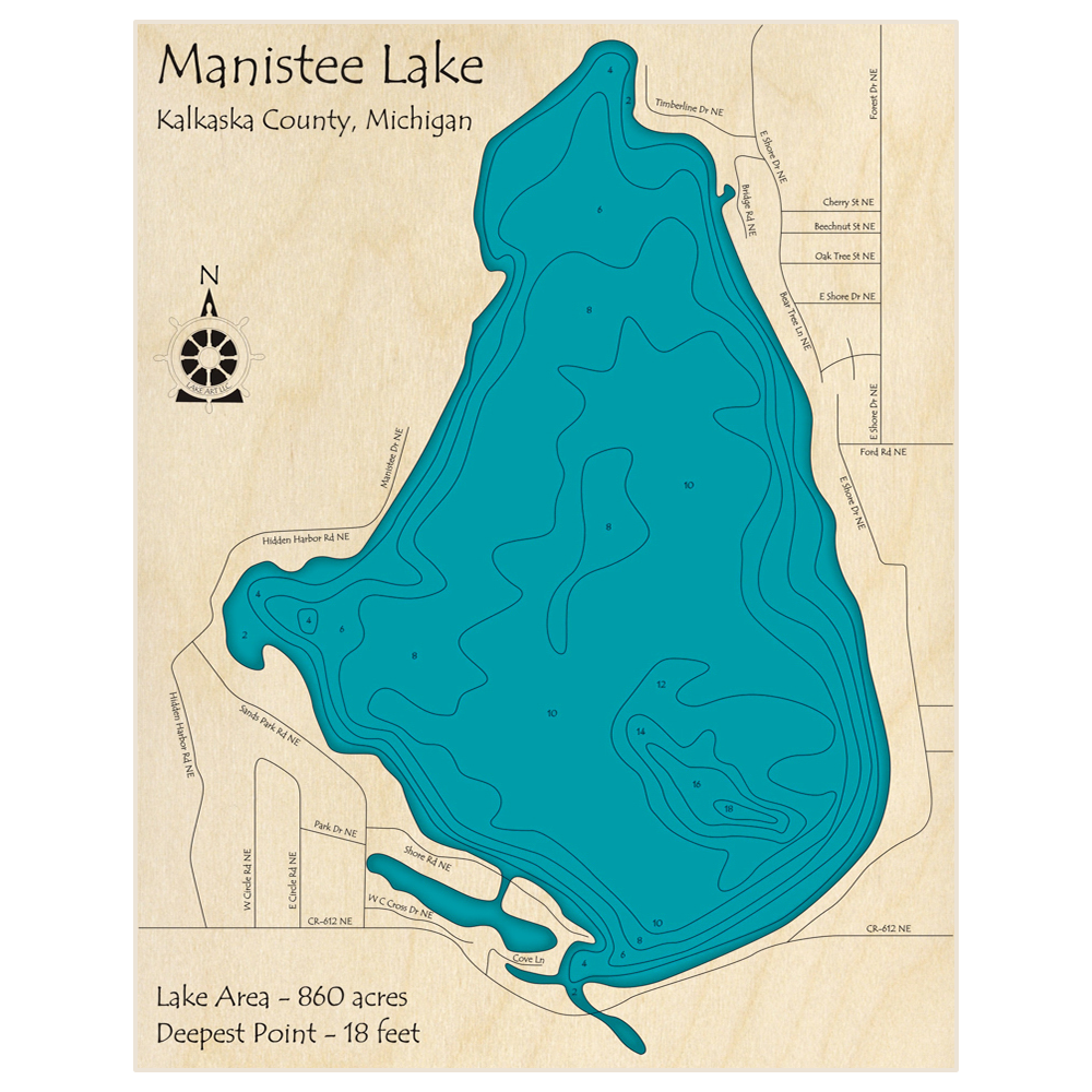 Bathymetric topo map of Manistee Lake with roads, towns and depths noted in blue water