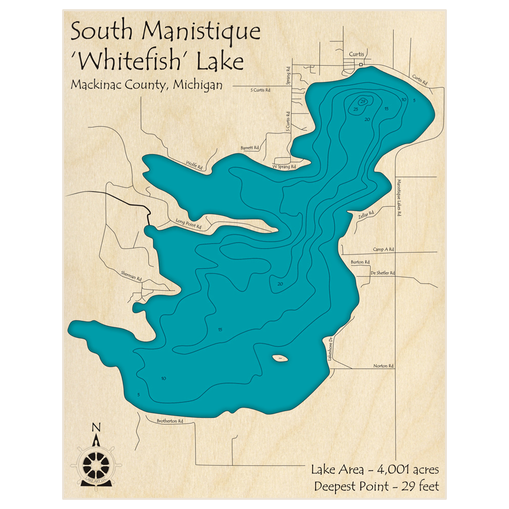 Bathymetric topo map of Manistique Lake (South) with roads, towns and depths noted in blue water