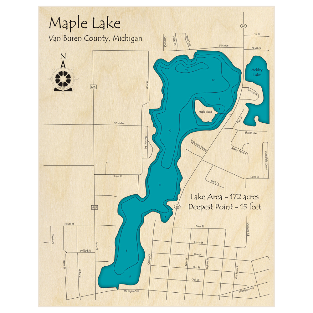 Bathymetric topo map of Maple Lake with roads, towns and depths noted in blue water