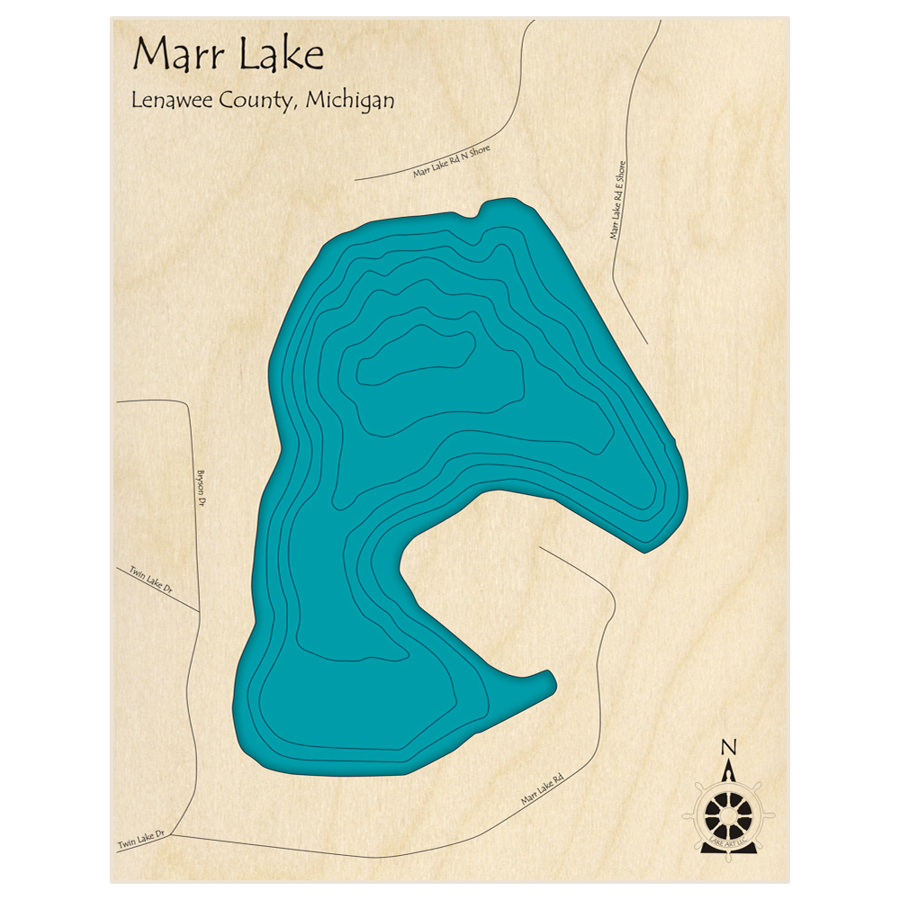 Bathymetric topo map of Marr Lake with roads, towns and depths noted in blue water