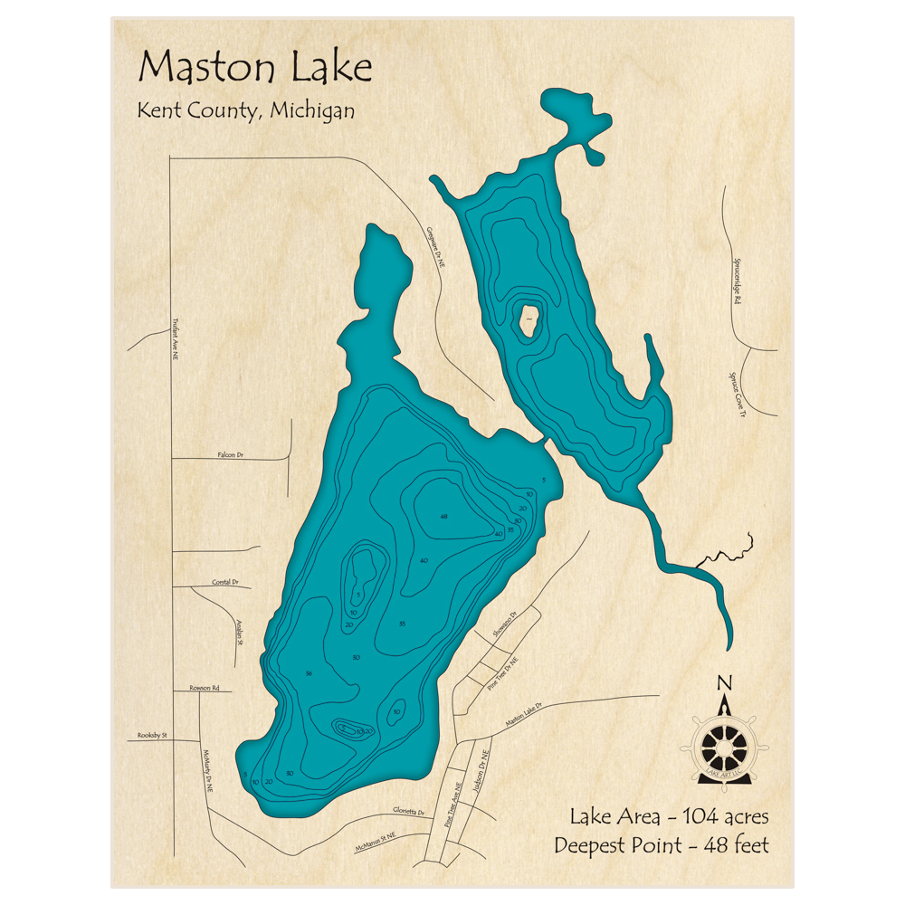 Bathymetric topo map of Maston Lake with roads, towns and depths noted in blue water