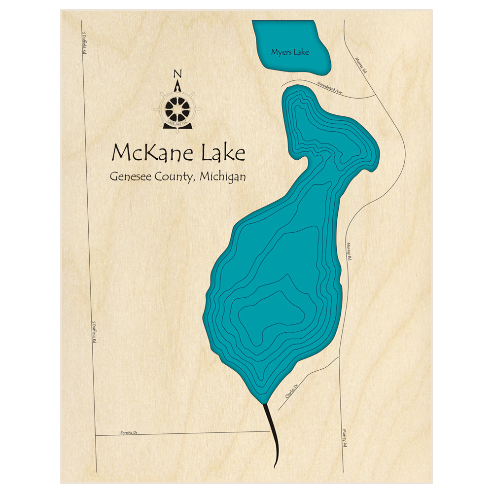 Bathymetric topo map of McKane Lake  with roads, towns and depths noted in blue water