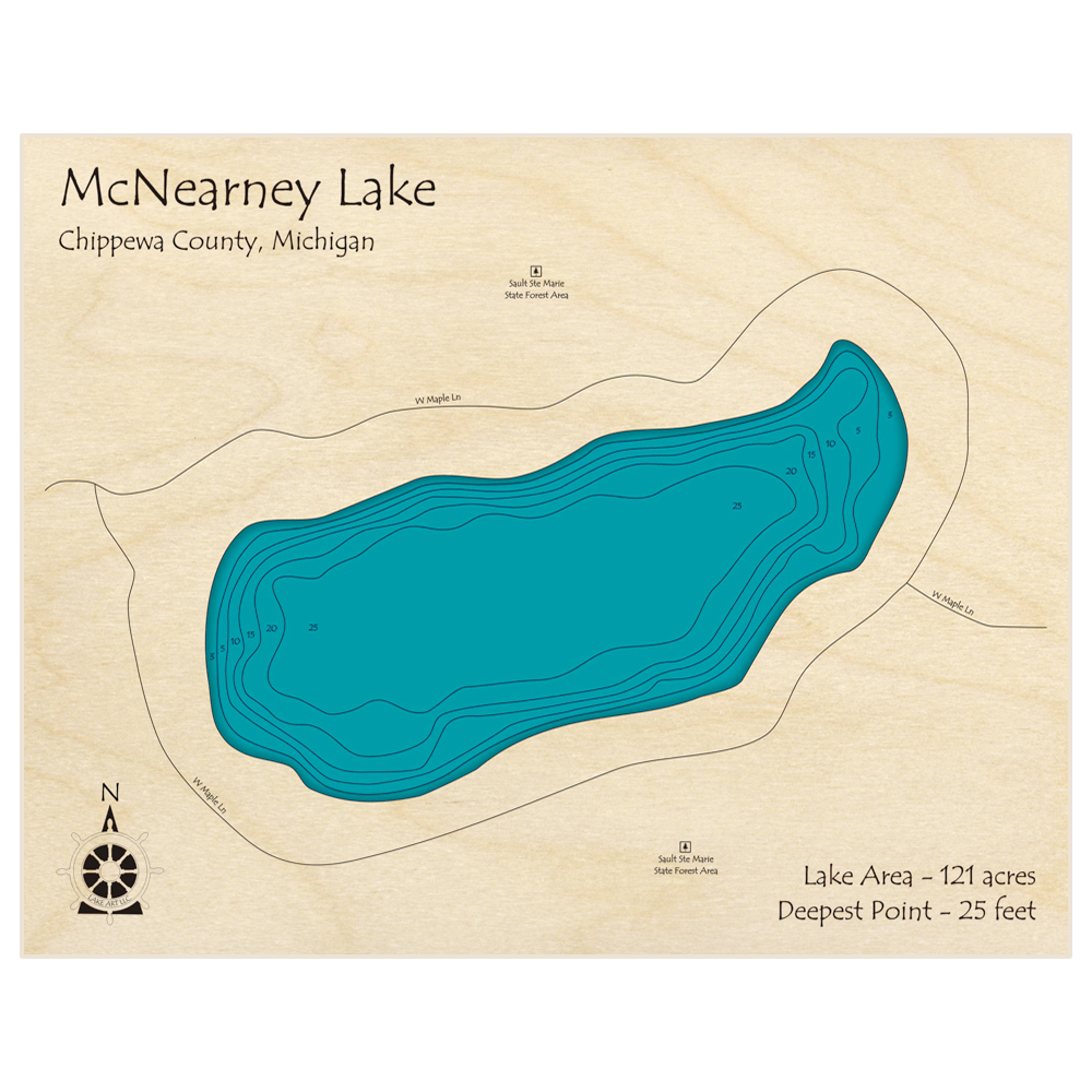 Bathymetric topo map of McNearney Lake with roads, towns and depths noted in blue water