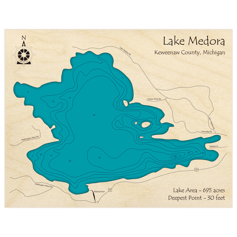 Bathymetric topo map of Lake Medora with roads, towns and depths noted in blue water