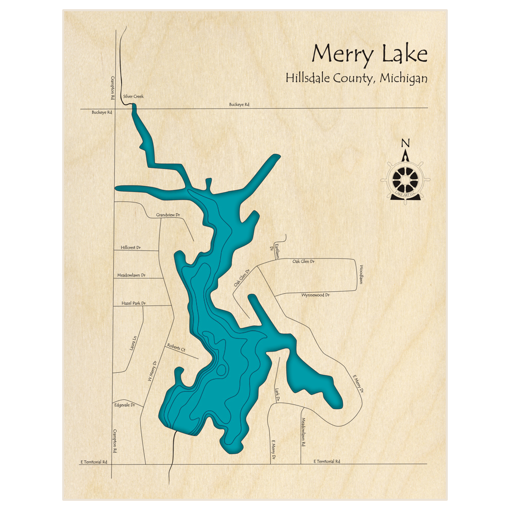 Bathymetric topo map of Merry Lake with roads, towns and depths noted in blue water