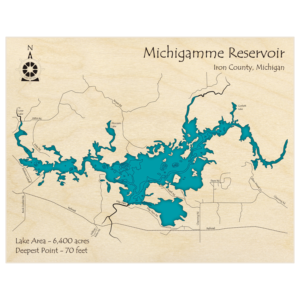 Bathymetric topo map of Michigamme Reservoir with roads, towns and depths noted in blue water