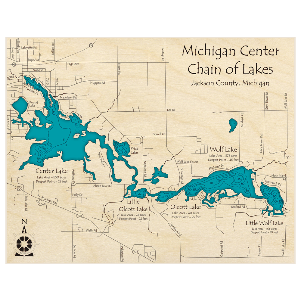 Bathymetric topo map of Michigan Center Chain (From Center Lake to Little Wolf Lake) with roads, towns and depths noted in blue water