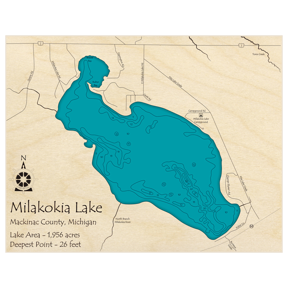 Bathymetric topo map of Lake Milakokia with roads, towns and depths noted in blue water