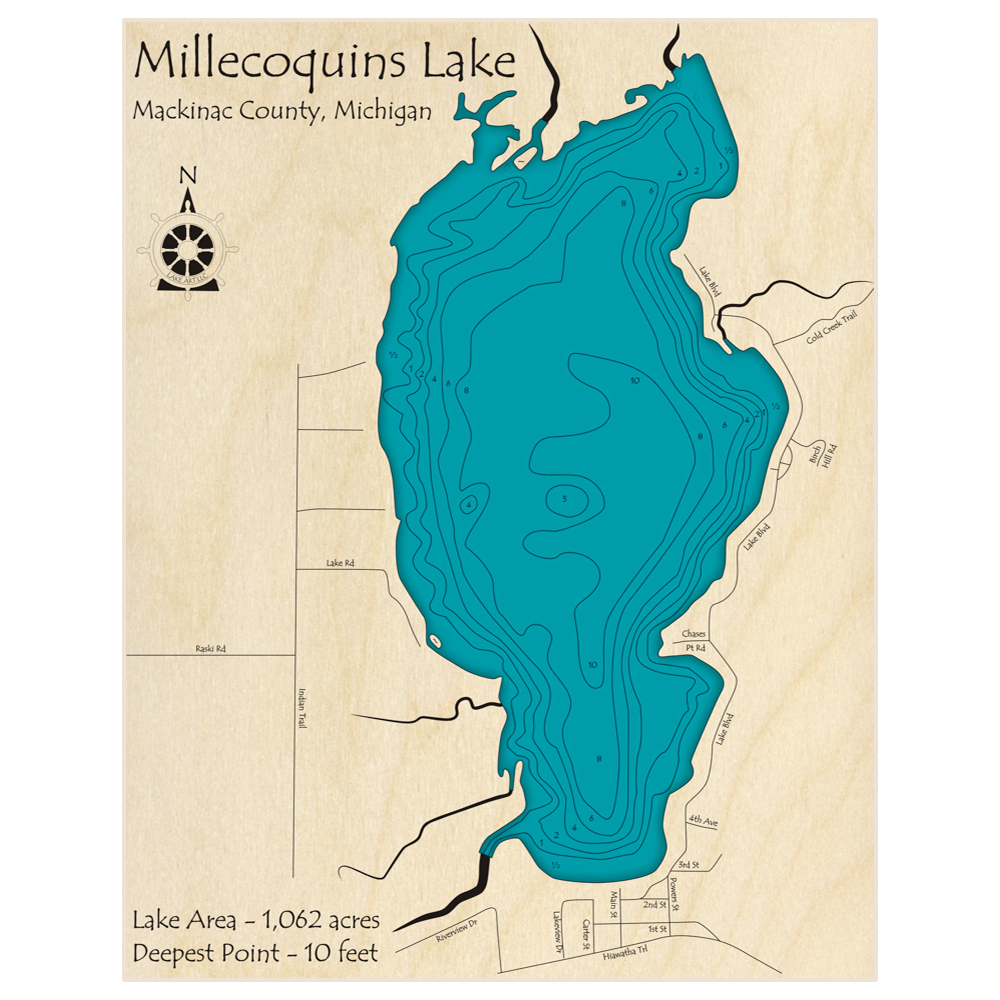 Bathymetric topo map of Millecoquins Lake with roads, towns and depths noted in blue water